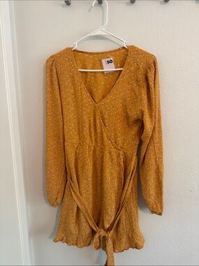 SO Mustard Floral Long-Sleeve Tie-Waist Dress
